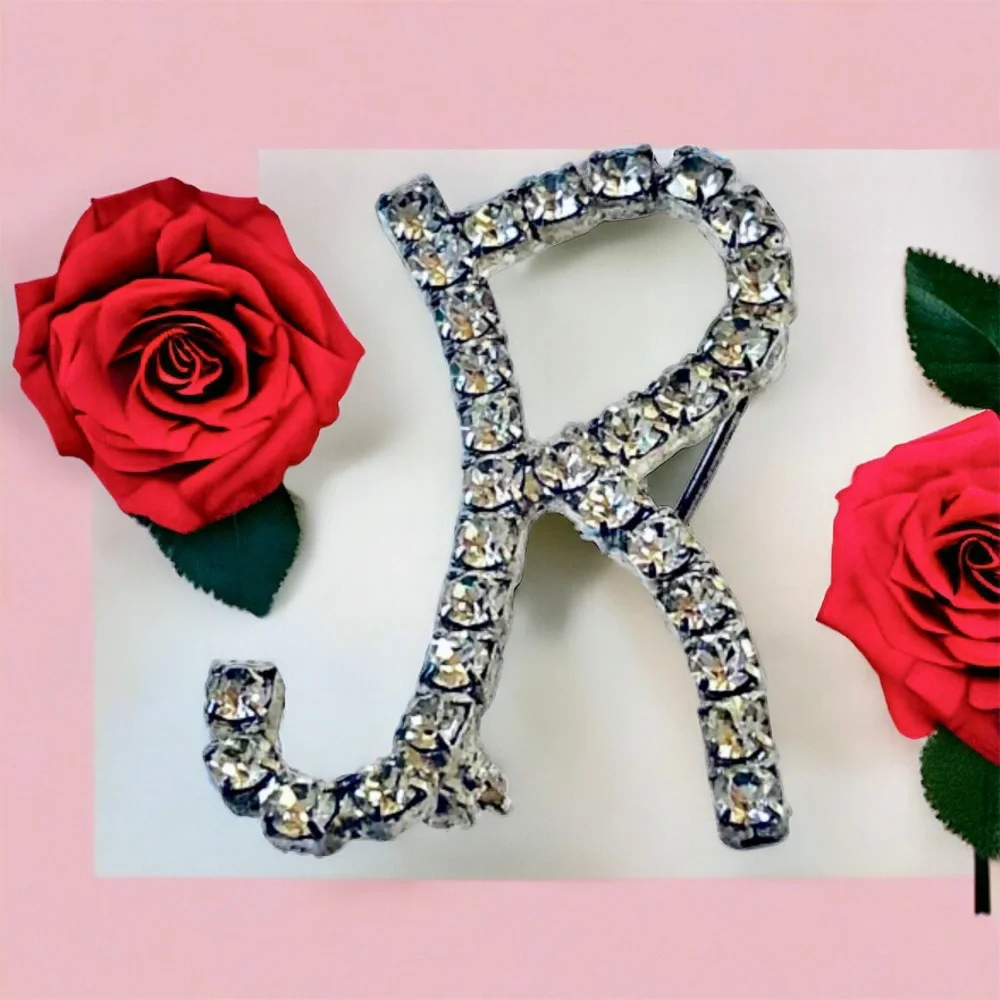 INITIAL Brooch Pin Letter R Vintage Clear Rhinestones Monogram